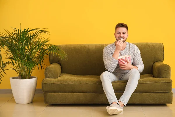 Young Man Watching Movie While Sitting Sofa Home — Stock Photo, Image