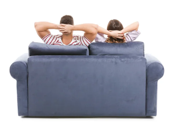 Young Couple Sitting Sofa White Background Back View — Stock Photo, Image