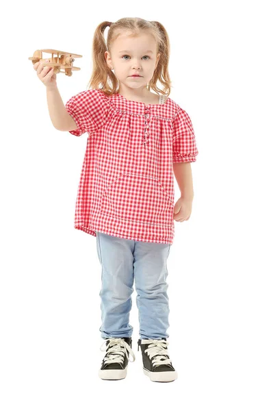 Cute Little Girl Toy Airplane White Background — Stock Photo, Image