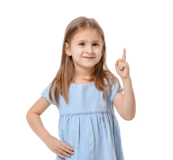 Cute Little Girl Podniesionym Palcem Wskazującym Białym Tle — Zdjęcie stockowe