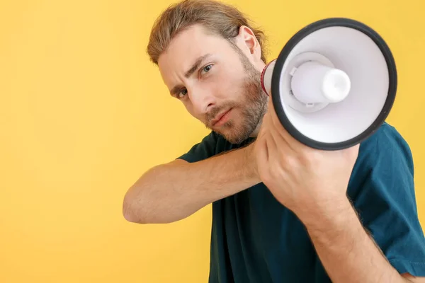 Young Man Megaphone Color Background — Stock Photo, Image