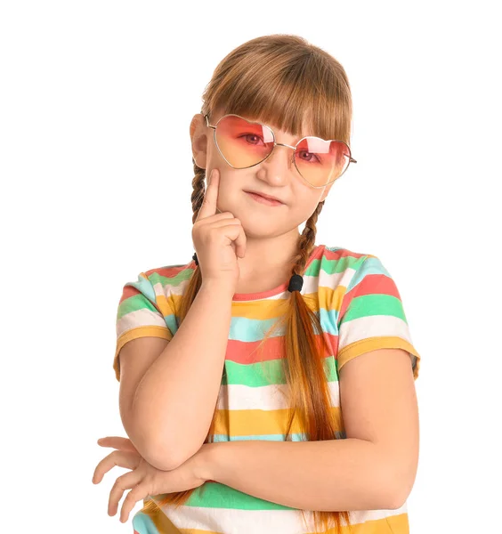 Funny Little Girl Sunglasses White Background — Stock Photo, Image