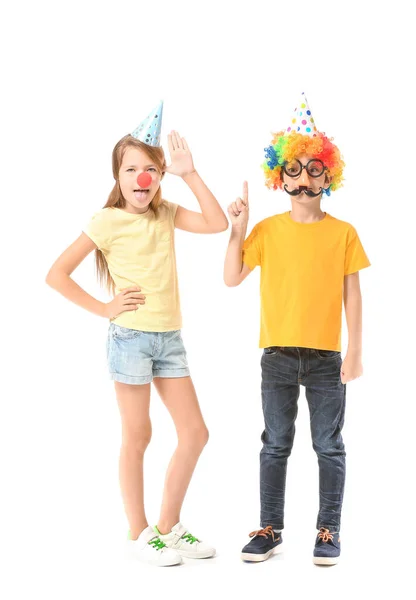 Kleine Kinder Lustiger Verkleidung Auf Weißem Hintergrund Aprilscherz Fest — Stockfoto