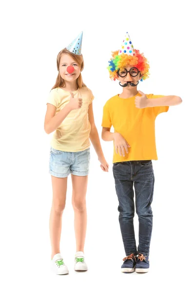 Little Children Funny Disguise Showing Thumb Gesture White Background April — Stock Photo, Image