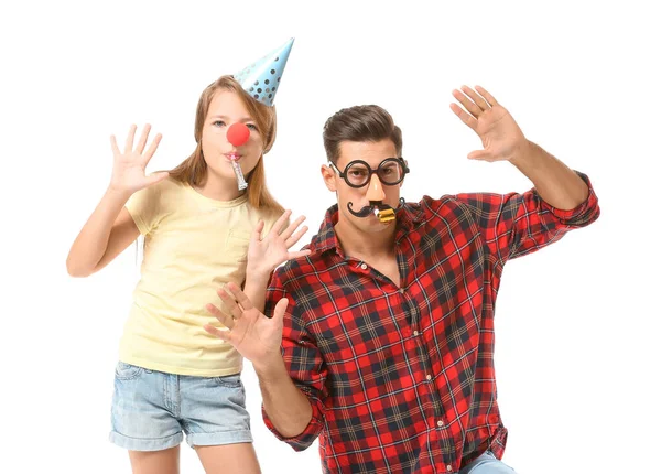 Father Daughter Funny Disguise Party Whistles White Background April Fools — Stock Photo, Image