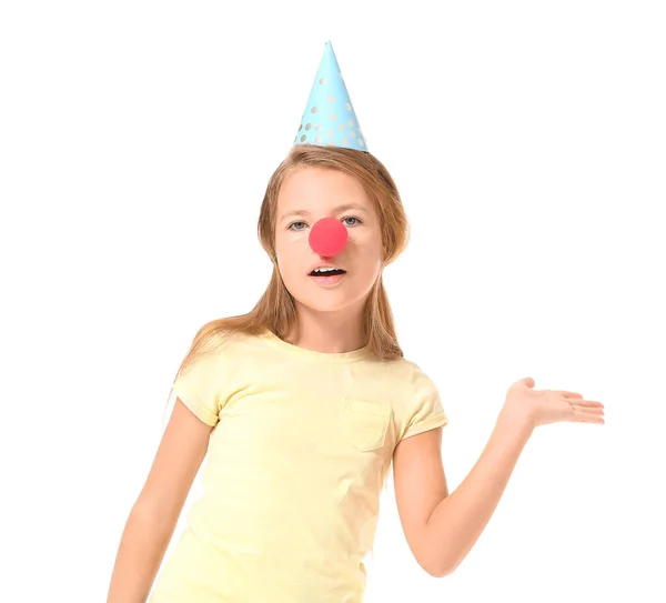 Little Girl Funny Disguise Showing Something White Background April Fools — Stock Photo, Image