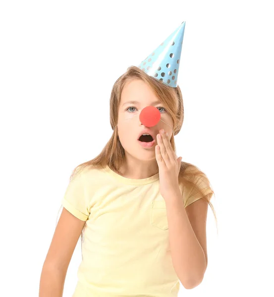 Удивлённая Девушка Смешной Маскировке Белом Фоне Празднование Дня Дураков — стоковое фото