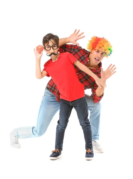 Father Son Funny Disguise White Background April Fools Day Celebration — Stock Photo, Image