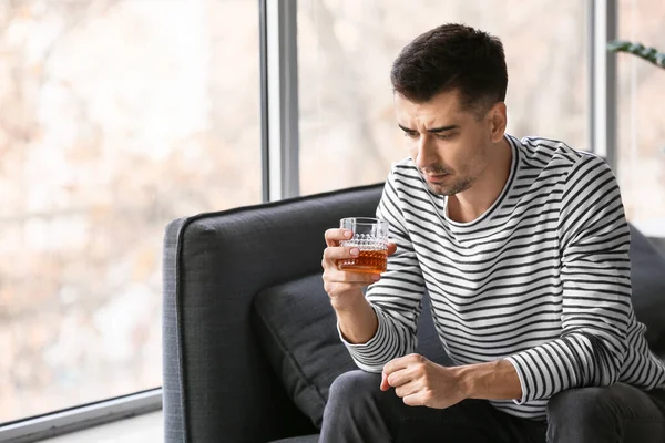 Depressed Young Man Drinking Alcohol Home — Stock Photo, Image