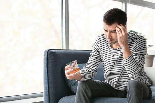 Depressed Young Man Drinking Alcohol Home — Stock Photo, Image