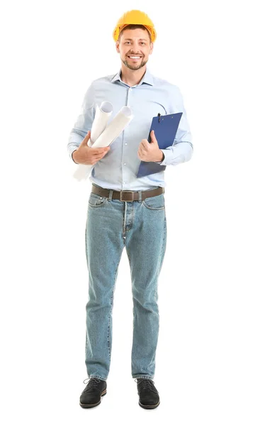 Ingeniero Masculino Con Dibujos Sobre Fondo Blanco —  Fotos de Stock