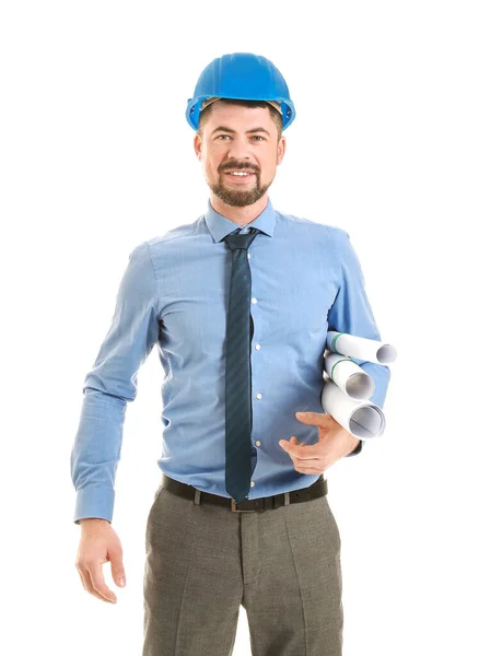 Ingeniero Masculino Con Dibujos Sobre Fondo Blanco —  Fotos de Stock