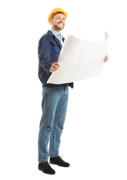 Ingeniero Masculino Con Dibujo Sobre Fondo Blanco — Foto de Stock