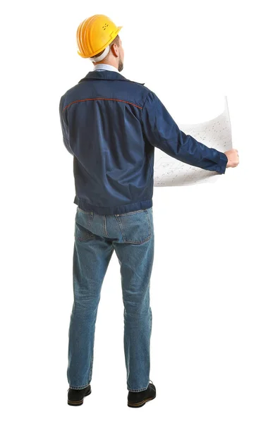 Мужчина Инженер Рисунком Белом Фоне Вид Сзади — стоковое фото
