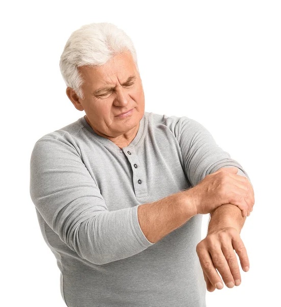 Старший Мужчина Синдромом Паркинсона Белом Фоне — стоковое фото