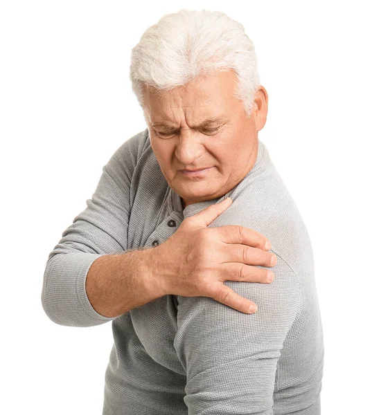 Starší Muž Trpící Parkinsonovým Syndromem Bílém Pozadí — Stock fotografie