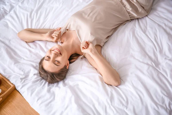 Morning Beautiful Young Woman Lying Bed — Stock Photo, Image