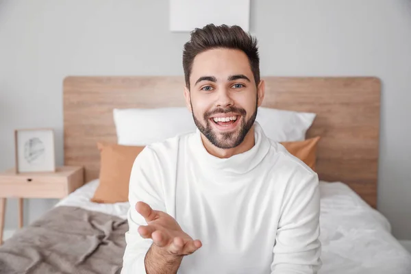Young Man Video Chatting Home — Stock Photo, Image