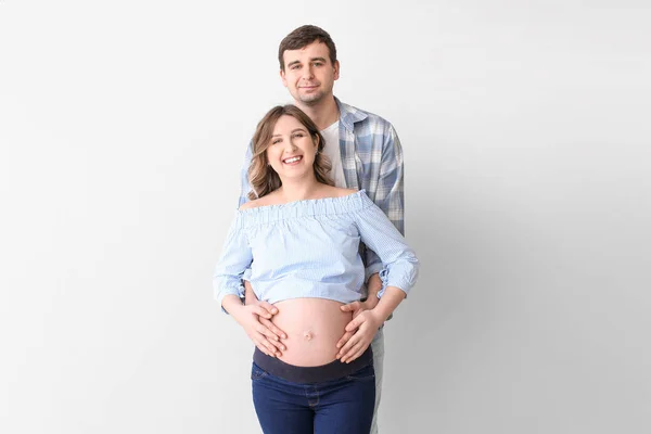 Beautiful Pregnant Couple Grey Background — Stock Photo, Image