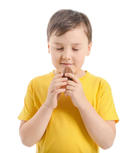 Cute Little Boy Sweet Chocolate Egg White Background — Stock Photo, Image