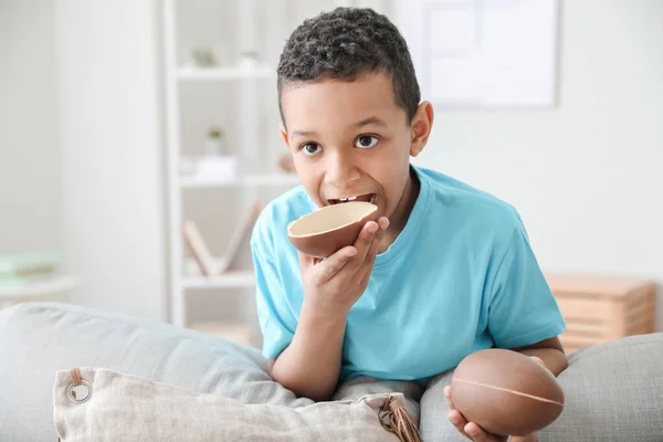 Cute African American Boy Sweet Chocolate Egg Home — Stock Photo, Image