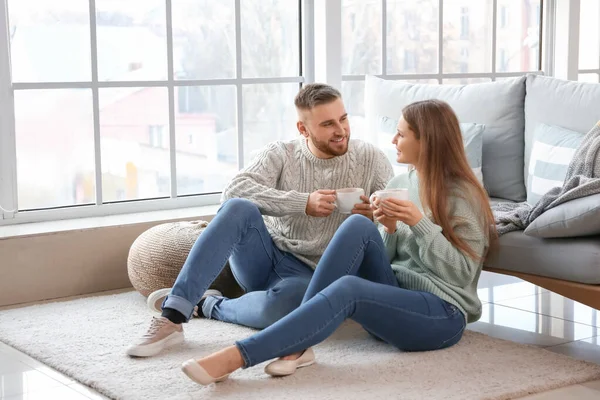 Happy Young Couple Drinking Coffee Home — Stock Photo, Image