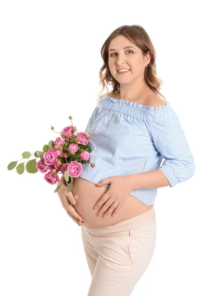 白い背景に花の花束を持つ美しい妊婦 — ストック写真