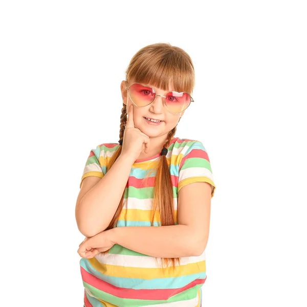 Grappig Klein Meisje Met Zonnebril Witte Achtergrond — Stockfoto