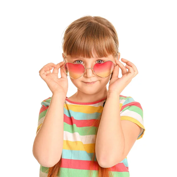 Grappig Klein Meisje Met Zonnebril Witte Achtergrond — Stockfoto