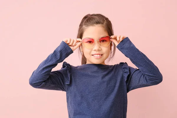 Funny Little Girl Sunglasses Color Background — Stock Photo, Image