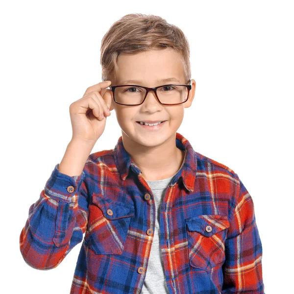 Söt Liten Pojke Med Glasögon Vit Bakgrund — Stockfoto