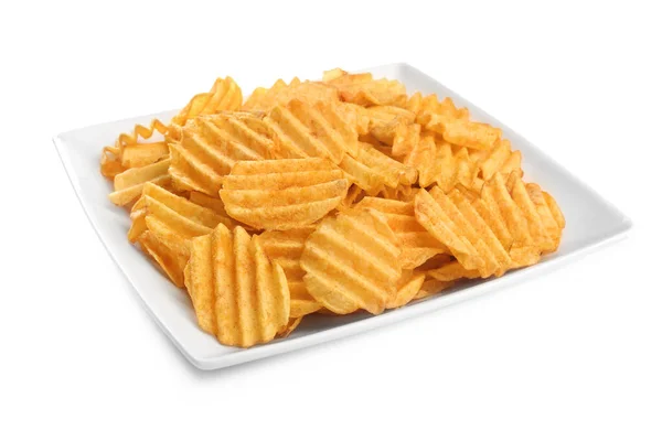 Plate Tasty Potato Chips White Background — Stock Photo, Image