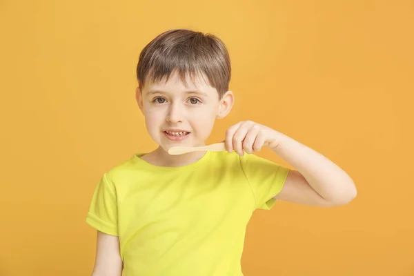 Cute Little Boy Tooth Brush Color Background — Stock Photo, Image