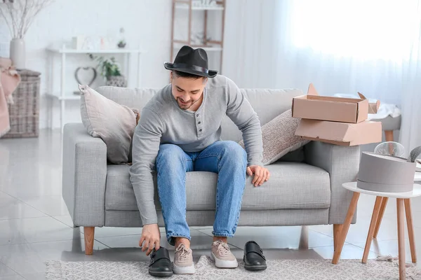 Happy Young Man New Shoes Home — Stock Photo, Image