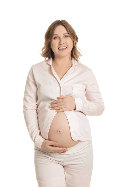 Hermosa Mujer Embarazada Sobre Fondo Blanco — Foto de Stock