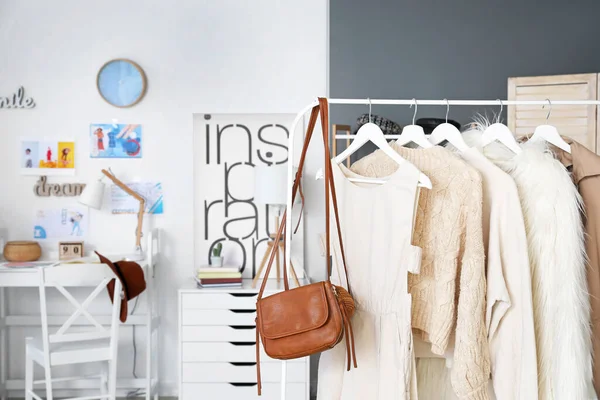 Rack Stylish Female Clothes Dressing Room — Stock Photo, Image