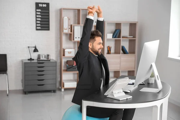 Businessman Sitting Fitness Ball While Working Office — Stock Photo, Image