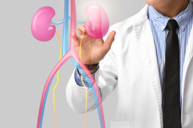 Erkek ürolog ışık arkaplanında sanal ekran kullanıyor