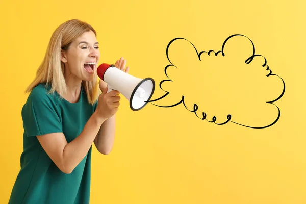 Screaming Woman Megaphone Blank Speech Bubble Color Background — Stock Photo, Image