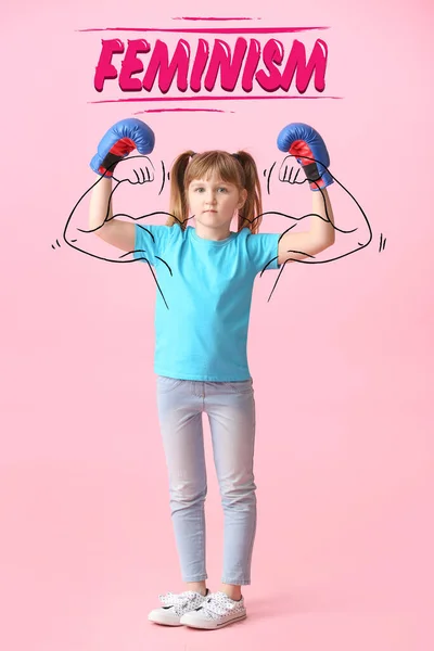 Little Girl Boxing Gloves Color Background Concept Feminism — Stock Photo, Image