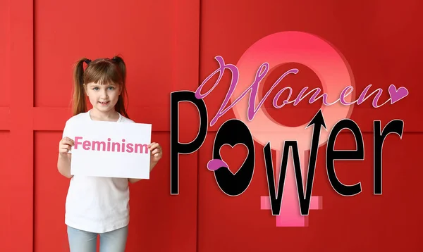 Little Girl Holding Paper Word Feminism Text Women Power Color — Stock Photo, Image