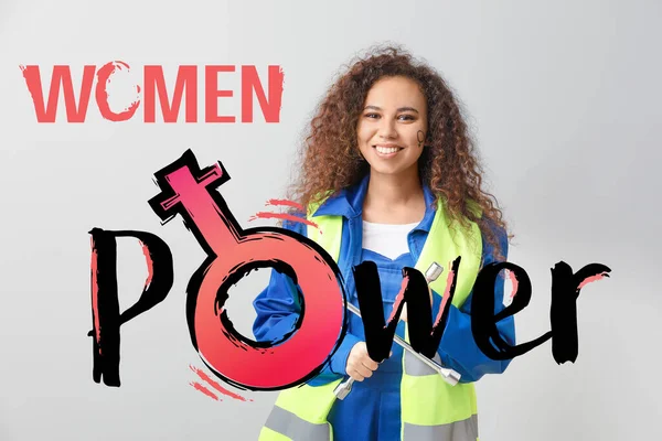 Női Munkás Szöveges Women Power Világos Háttérrel Feminizmus Fogalma — Stock Fotó