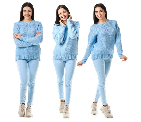 Collage Beautiful Young Woman Warm Sweater White Background — Stock Photo, Image
