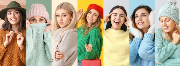 Collage Van Foto Met Mooie Jonge Vrouwen Verschillende Warme Truien — Stockfoto
