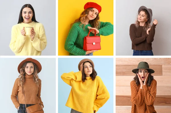 Collage Photos Beautiful Young Women Different Warm Sweaters — Stock Photo, Image