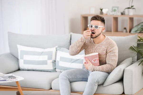 Young Man Watching Movie While Sitting Sofa Home — Stock Photo, Image