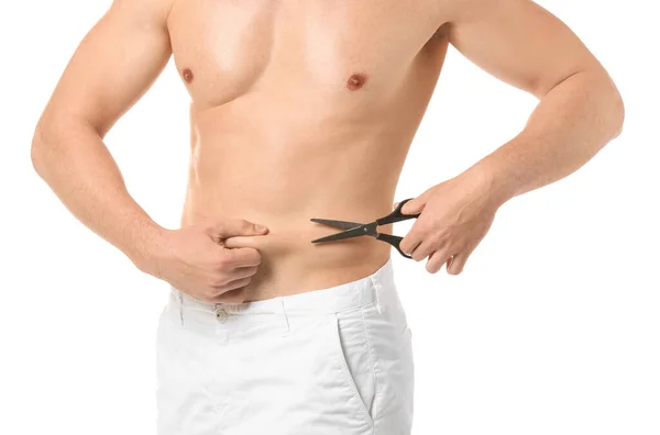 Handsome Young Man Scissors Touching Fat His Belly White Background — Stock Photo, Image