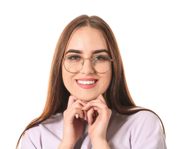 Jovem Mulher Com Óculos Elegantes Fundo Branco — Fotografia de Stock