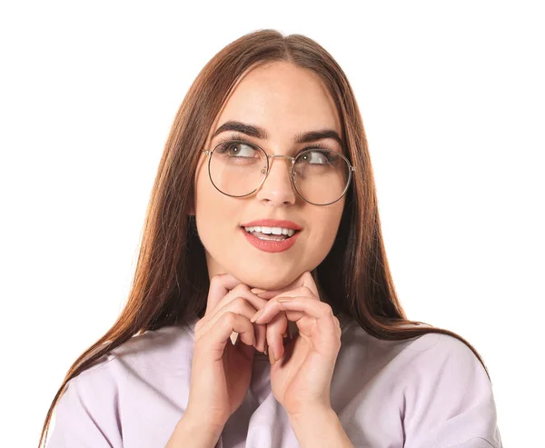 Ung Kvinna Med Snygga Glasögon Vit Bakgrund — Stockfoto