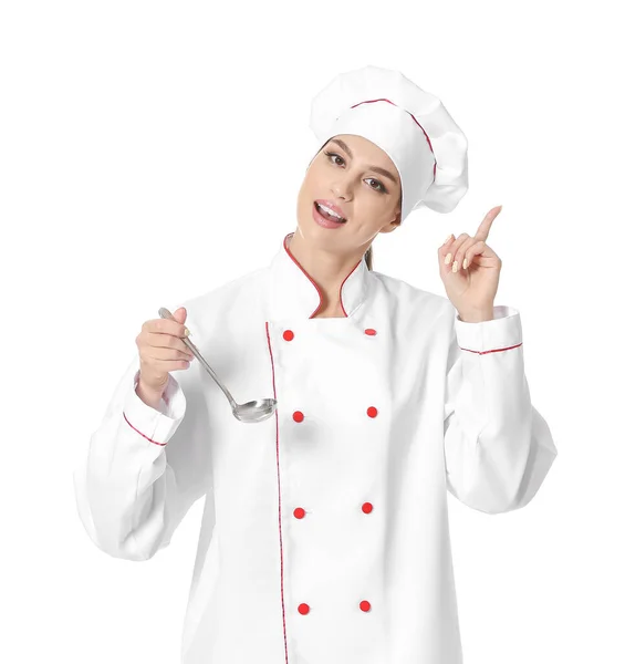 Bella Chef Femminile Con Indice Alzato Sfondo Bianco — Foto Stock